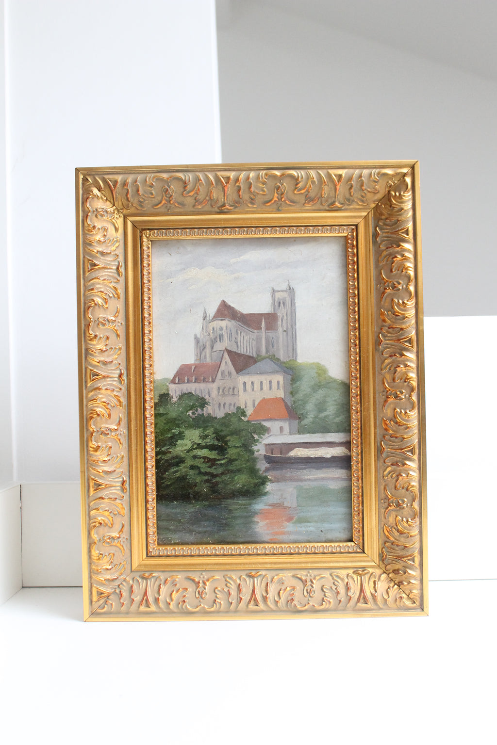 Huile sur panneau « Cathédrale d’Auxerre » par Meerschaut 1906 cadre doré