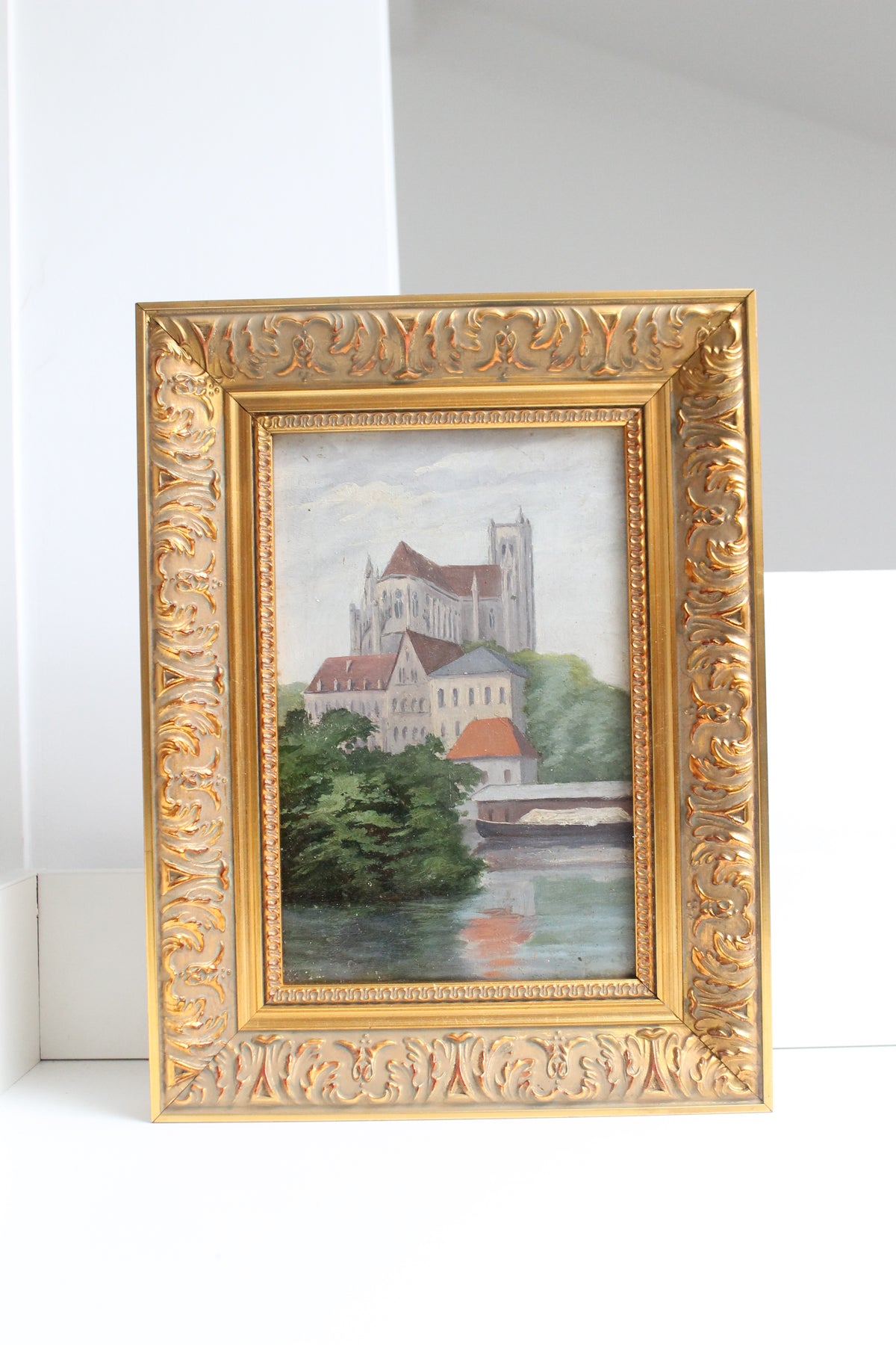 Huile sur panneau « Cathédrale d’Auxerre » par Meerschaut 1906 cadre doré