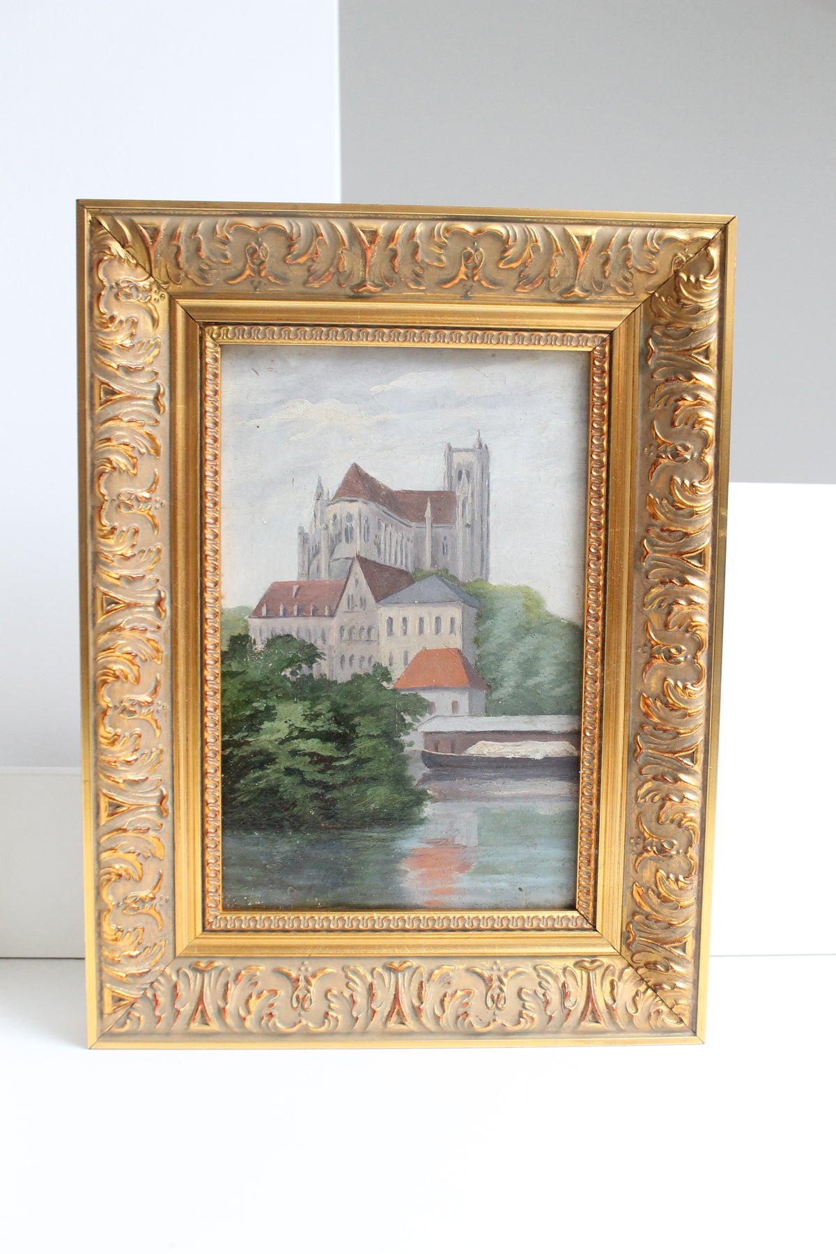 Huile sur panneau « Cathédrale d’Auxerre » par Meerschaut 1906 cadre doré
