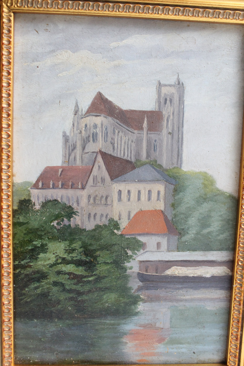 Huile sur panneau « Cathédrale d’Auxerre » par Meerschaut 1906 cadre doré