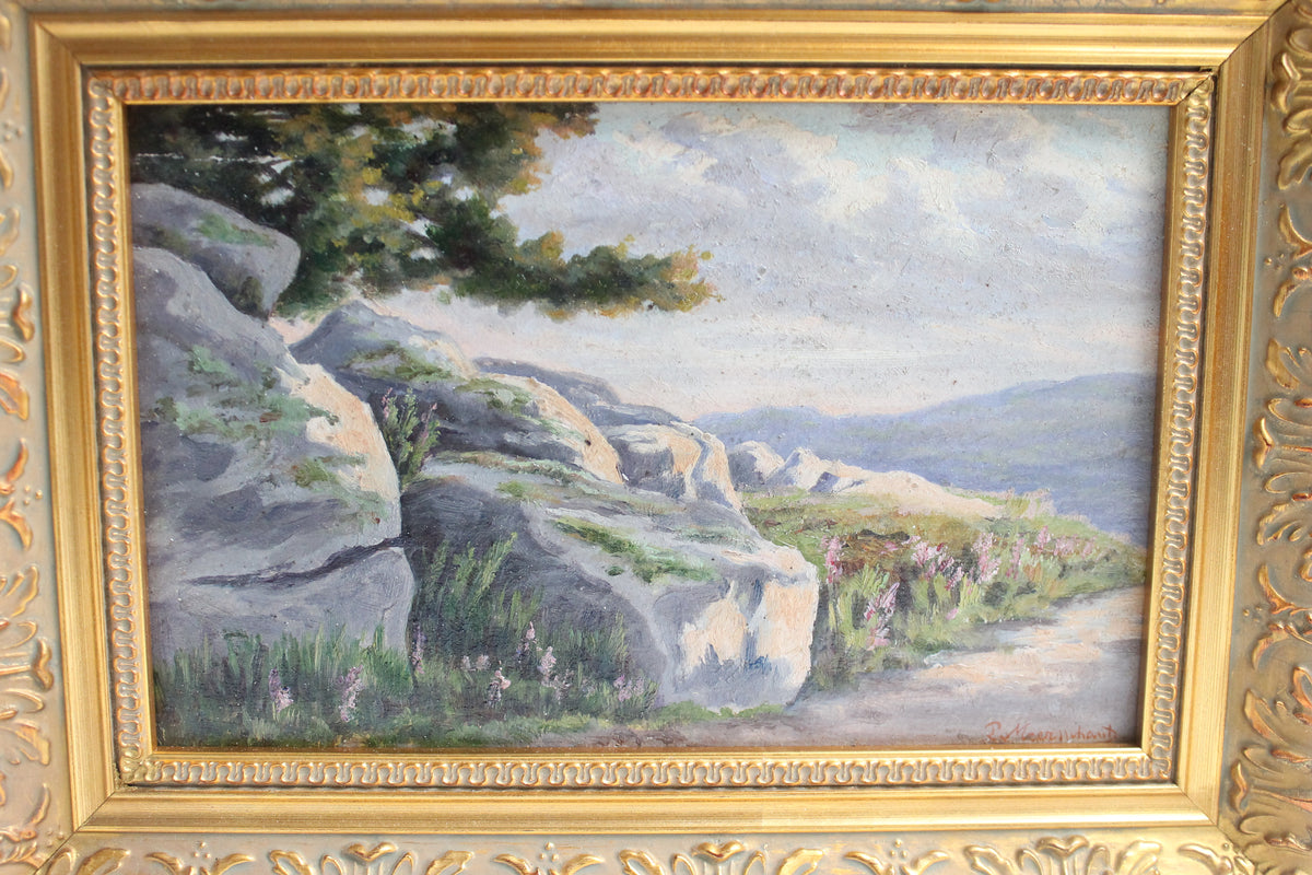 Huile sur panneau « Forêt de Fontainebleau » signée Meerschaut 1904 cadre doré