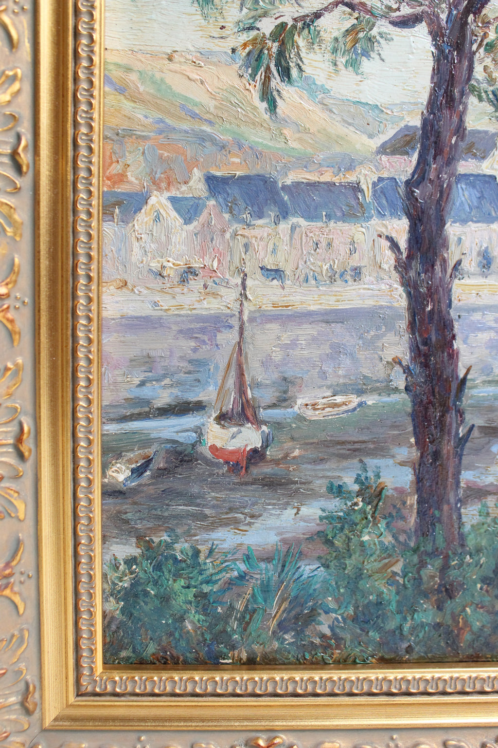 Huile sur panneau « Port à marée basse » Meerschaut début XXe siècle cadre doré