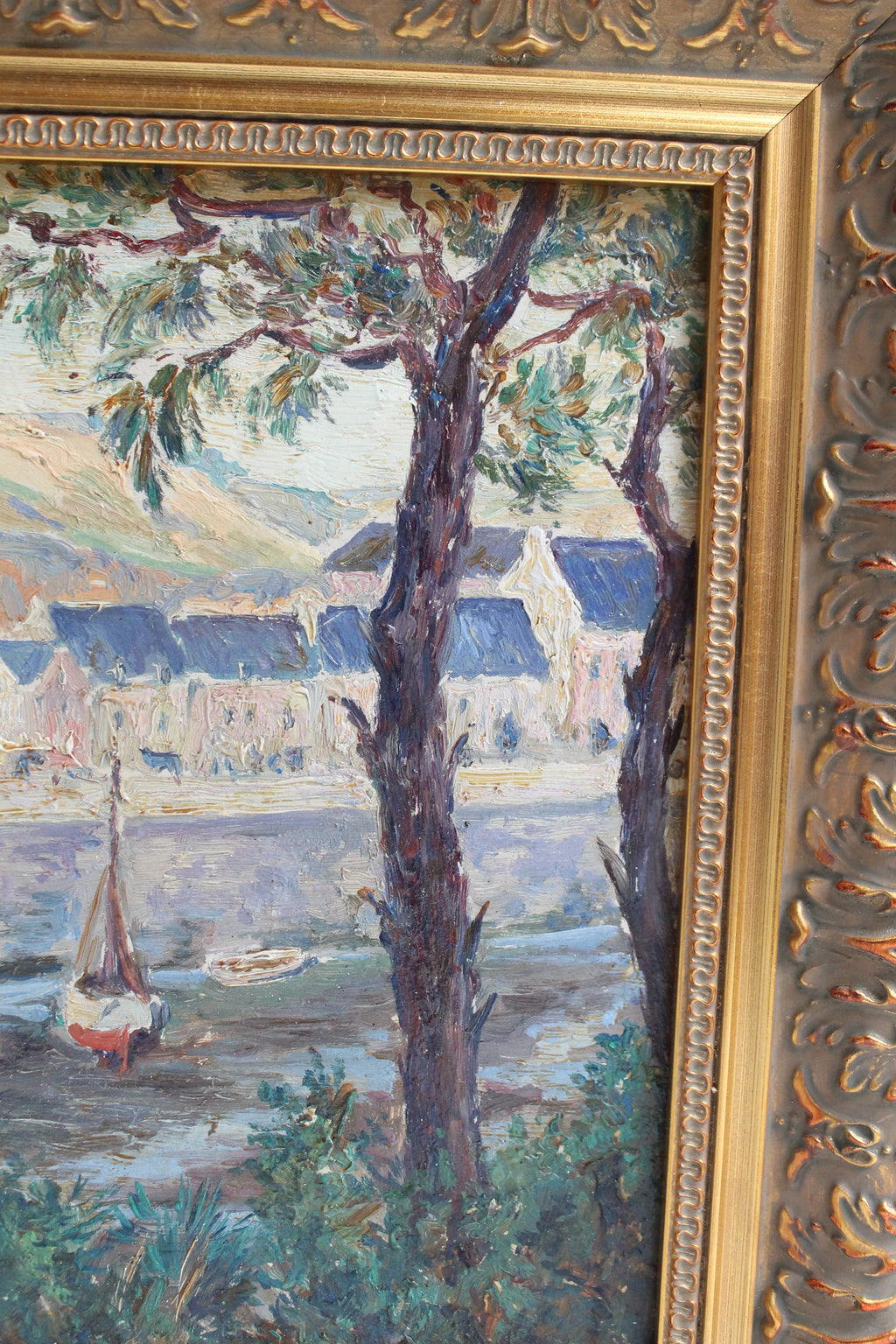 Huile sur panneau « Port à marée basse » Meerschaut début XXe siècle cadre doré