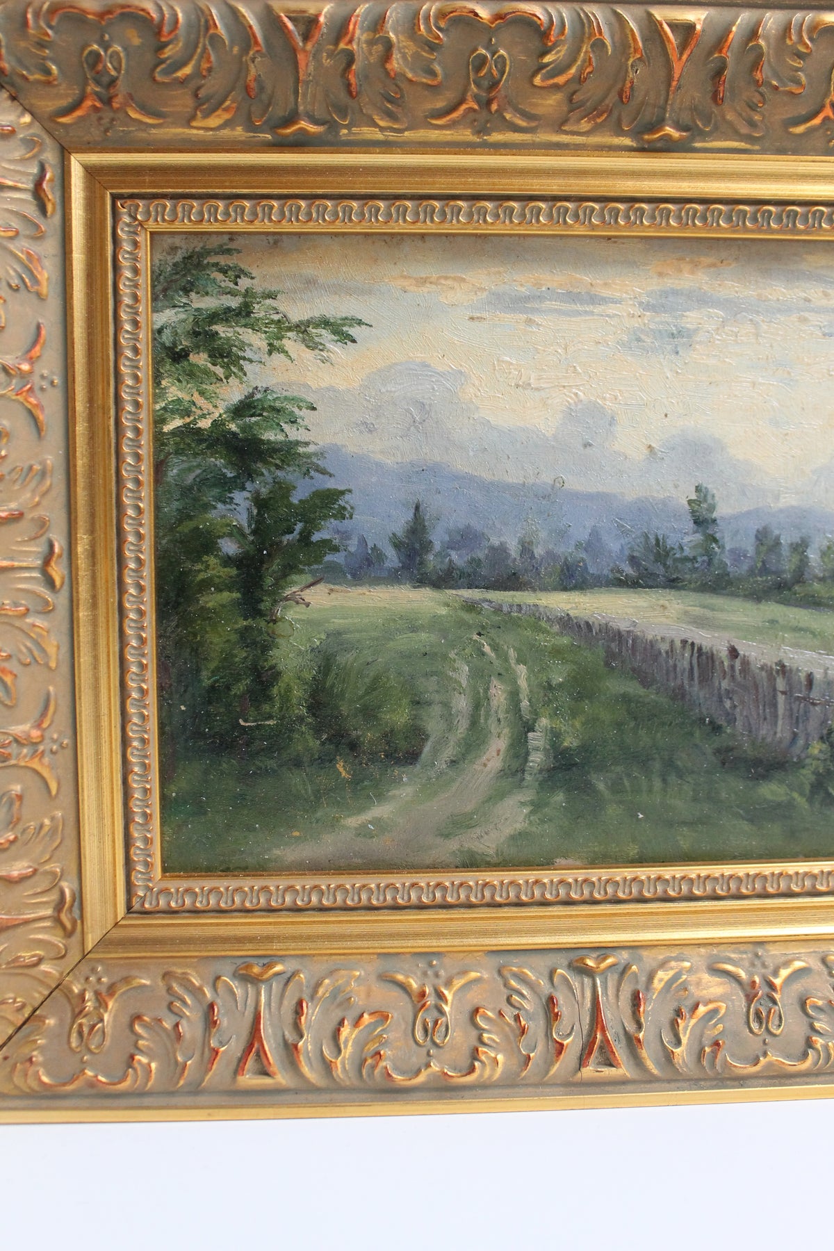 Huile sur panneau « Chemin de campagne » Meerschaut début XXe siècle cadre doré