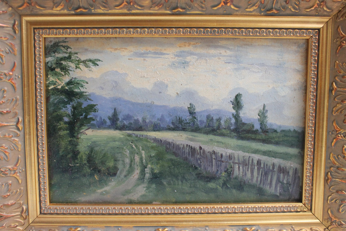 Huile sur panneau « Chemin de campagne » Meerschaut début XXe siècle cadre doré