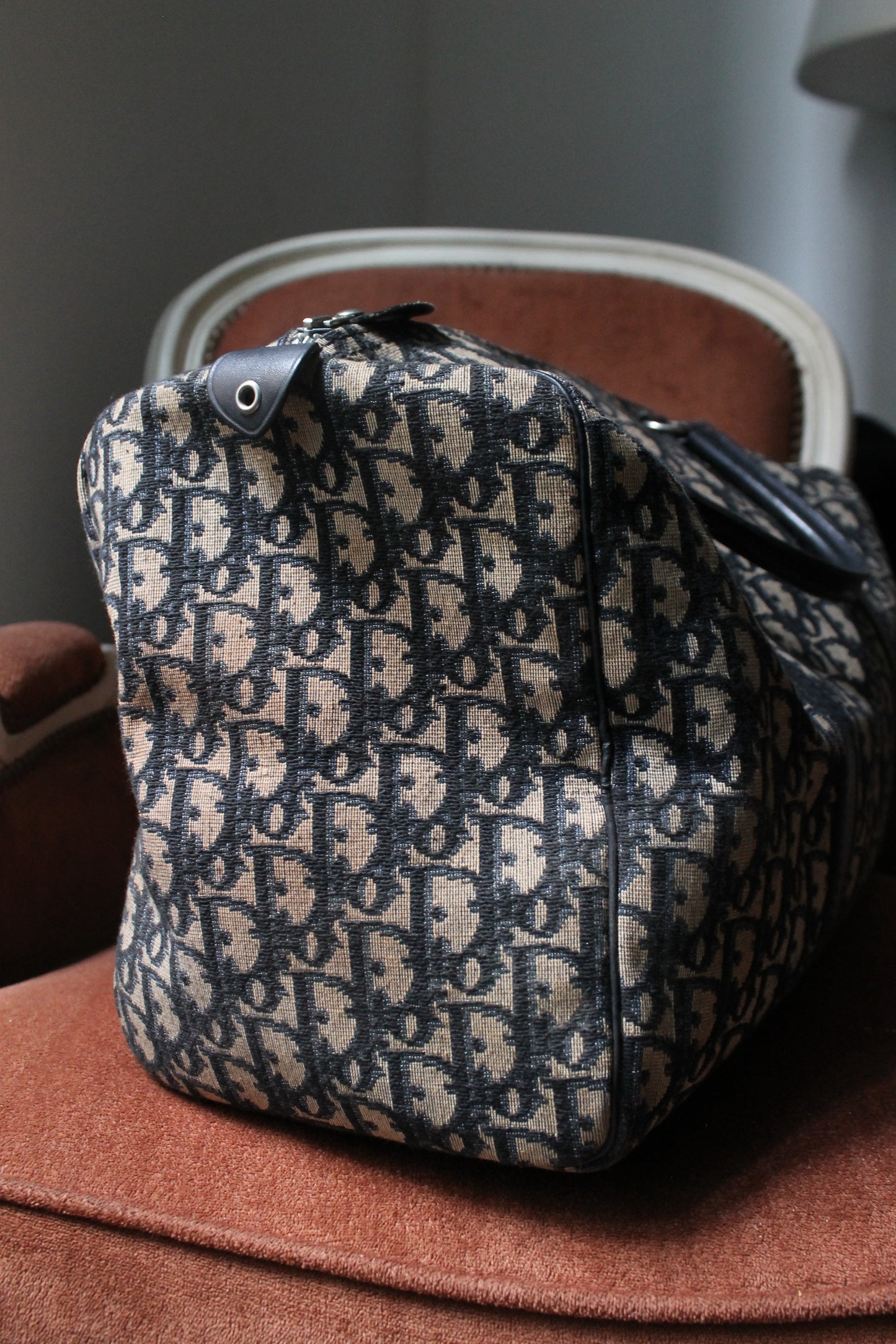 Dior sac à main bowling en toile Dior oblique bleu marine et beige