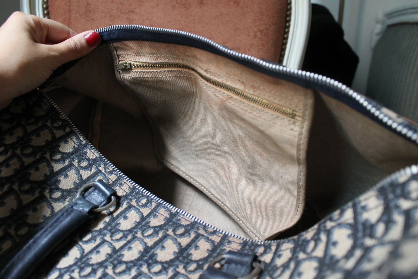 Dior sac à main bowling en toile Dior oblique bleu marine et beige