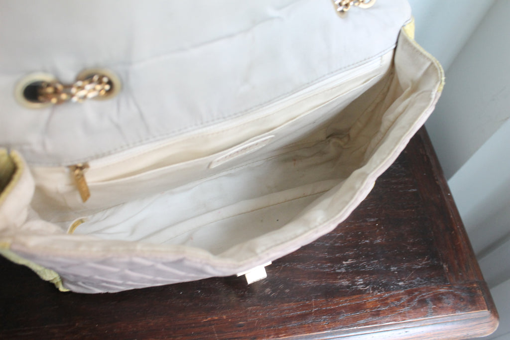 Chanel sac à main modèle 2.55 en tissu tricolore gris rose et jaune