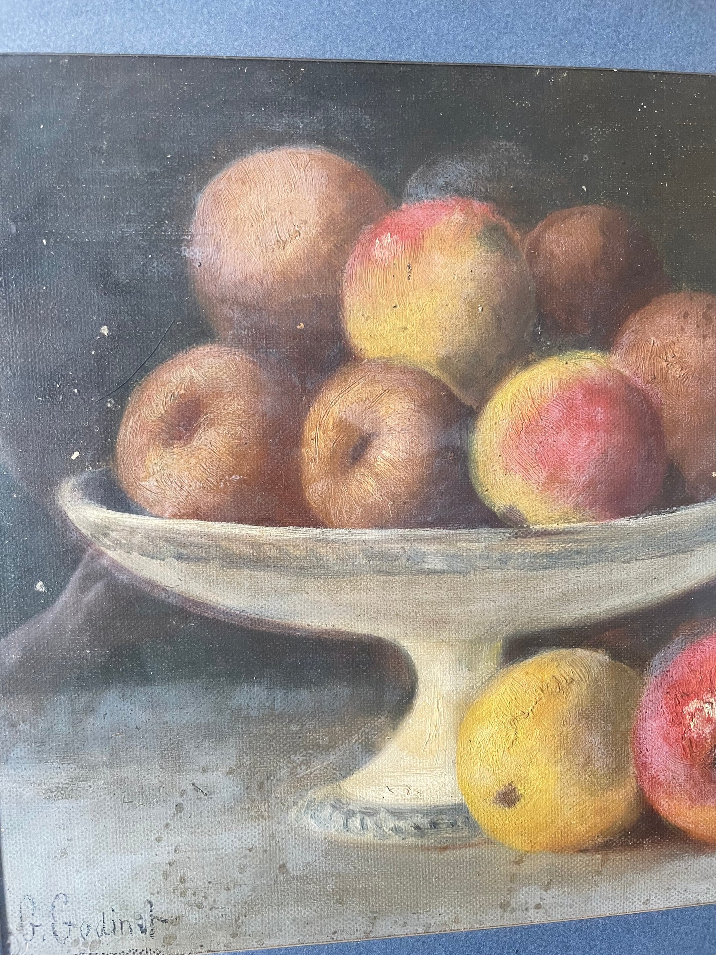 Peinture "Pommes dans une coupelle" signée G.Godinet