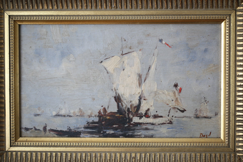 Bazil (XXe siècle) "Bateaux français sortant en mer" huile sur panneau