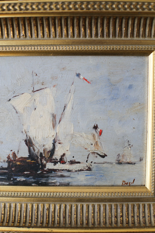 Bazil (XXe siècle) "Bateaux français sortant en mer" huile sur panneau
