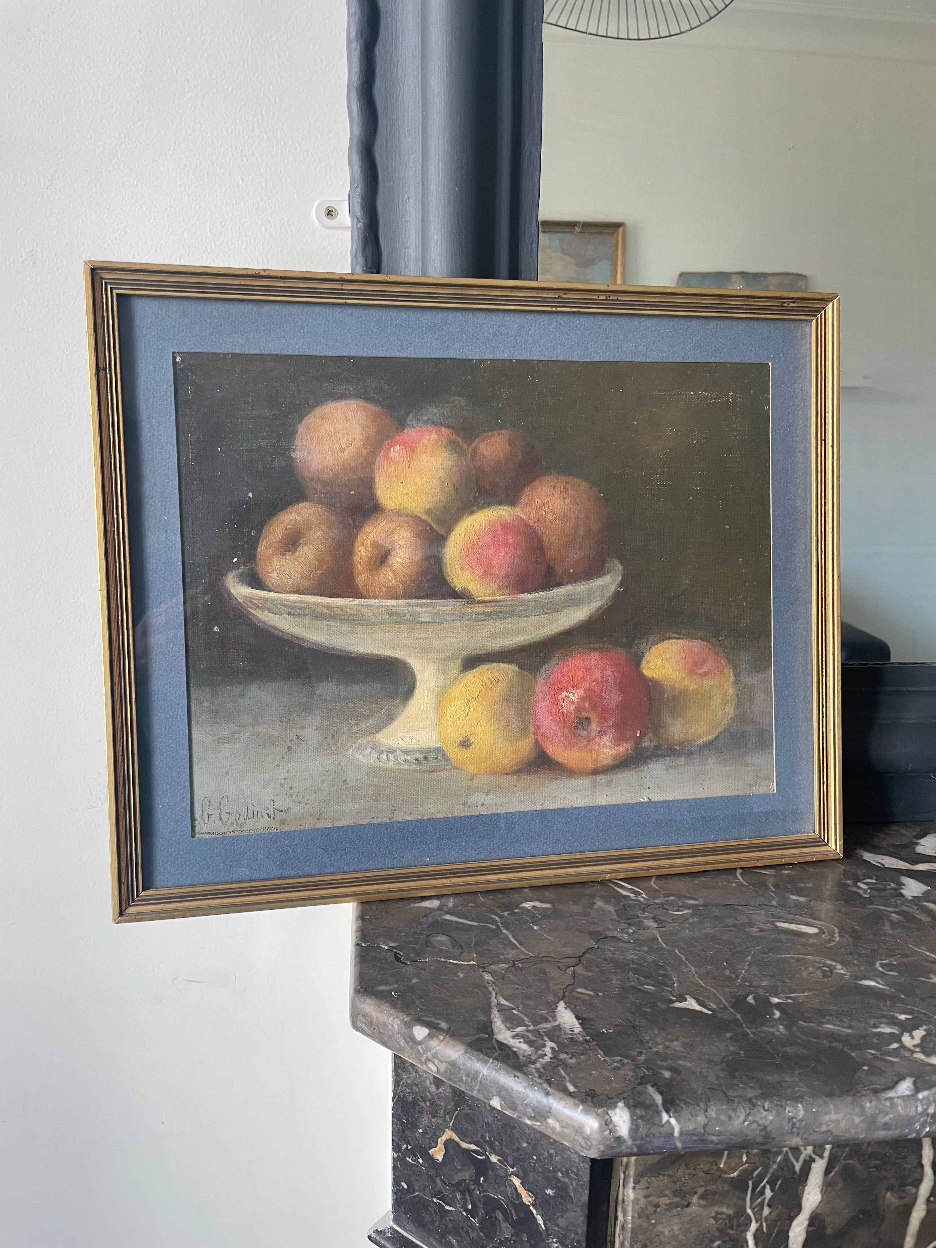Peinture "Pommes dans une coupelle" signée G.Godinet