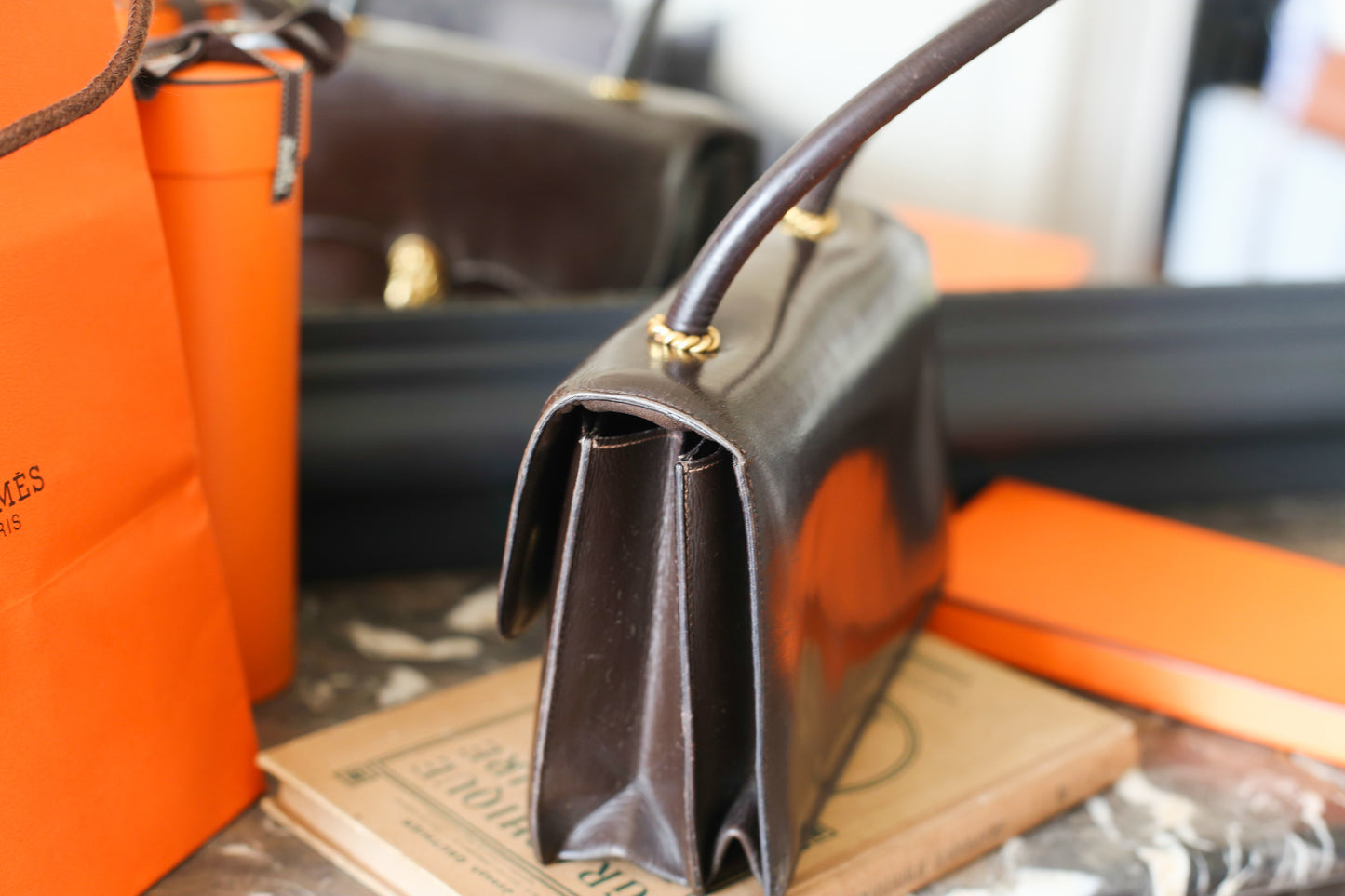 Sac à main vintage Hermès modèle escale en box marron