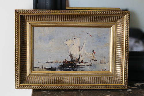 Bazil (XXe siècle) "Bateaux français sortant en mer" huile sur panneau