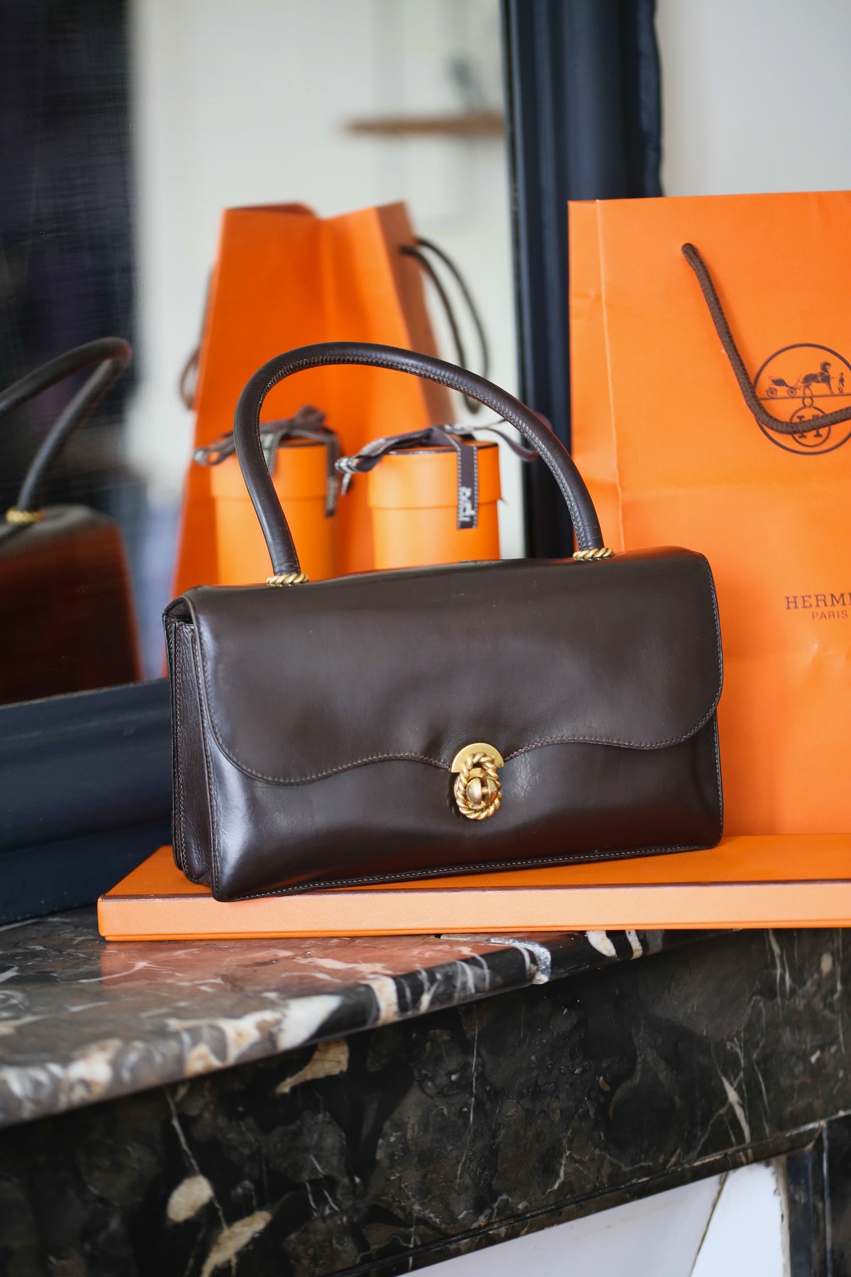 Sac à main vintage Hermès modèle escale en box marron