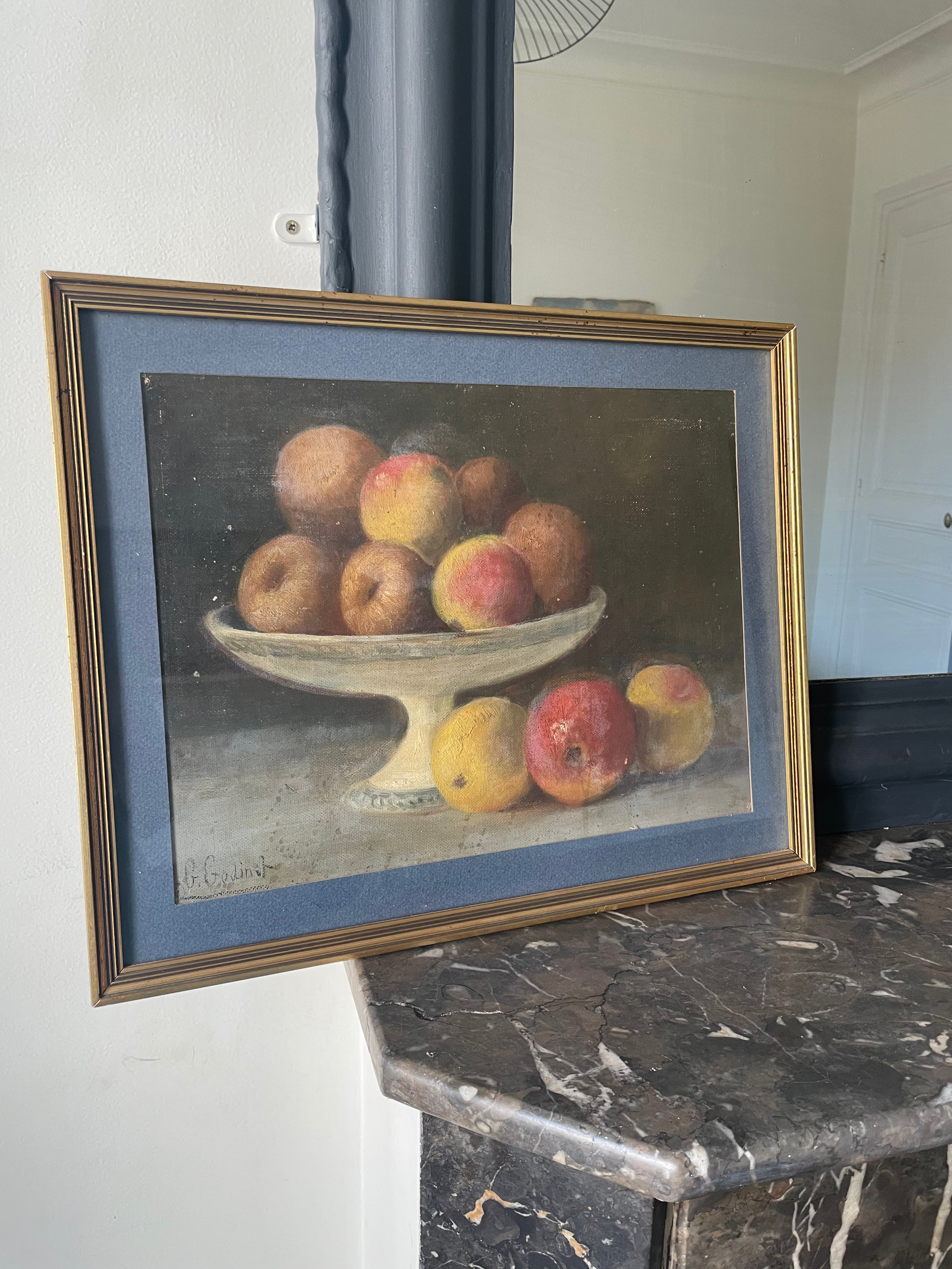 Peinture "Pommes dans une coupelle" signée G.Godinet