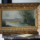 L.Henry Peinture sur panneau "Un homme solitaire contemplatif dans un paysage lacustre"