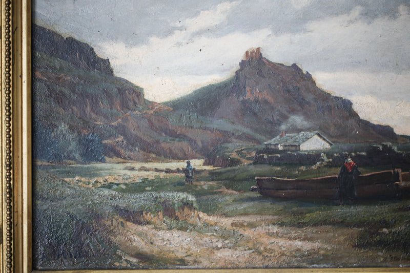 A.Micol huile sur panneau "La marche dans les Pyrénées basques" 1886