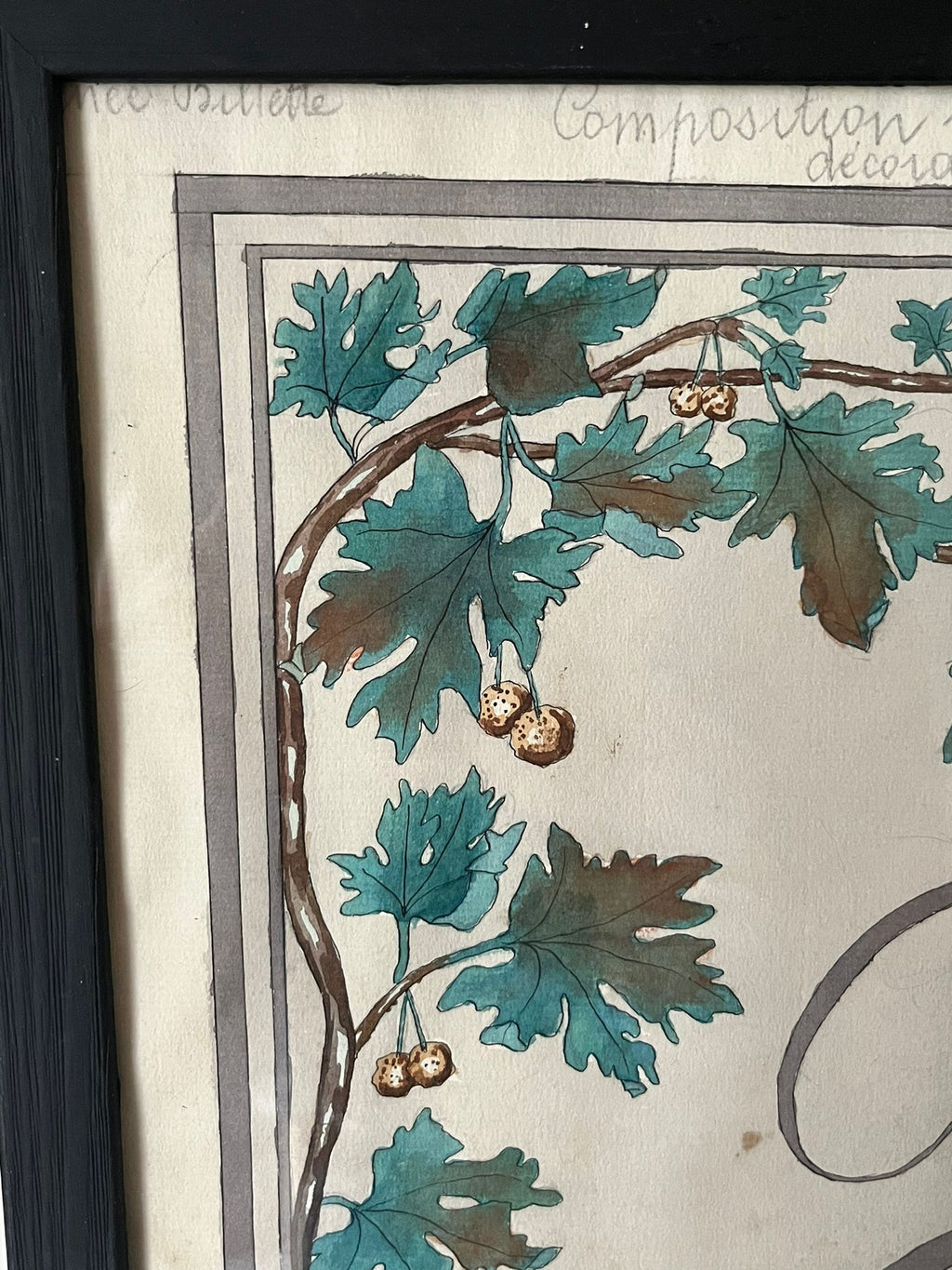 Aquarelle à décor de feuilles réalisée par Renée Billette en 1912