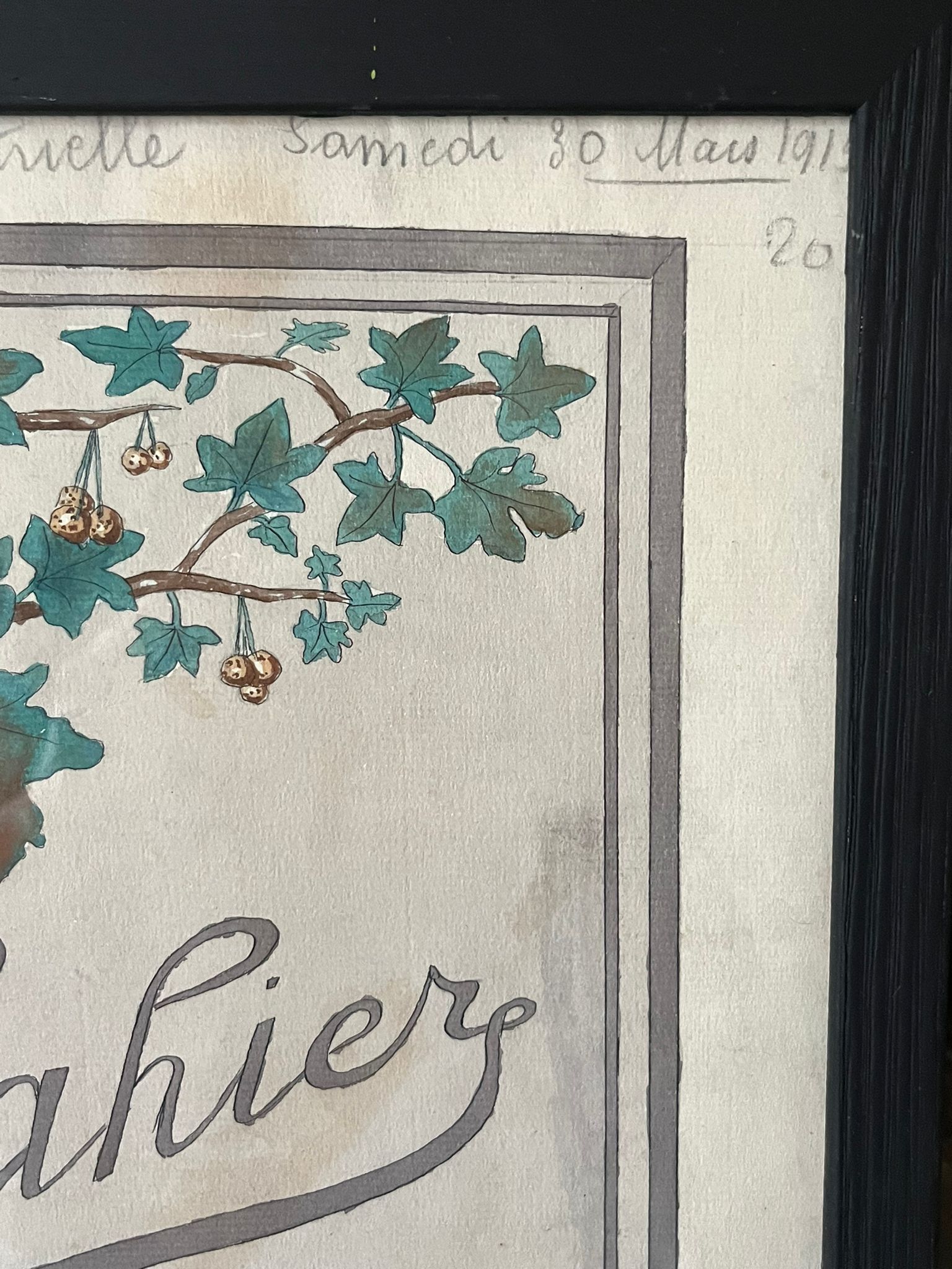 Aquarelle à décor de feuilles réalisée par Renée Billette en 1912