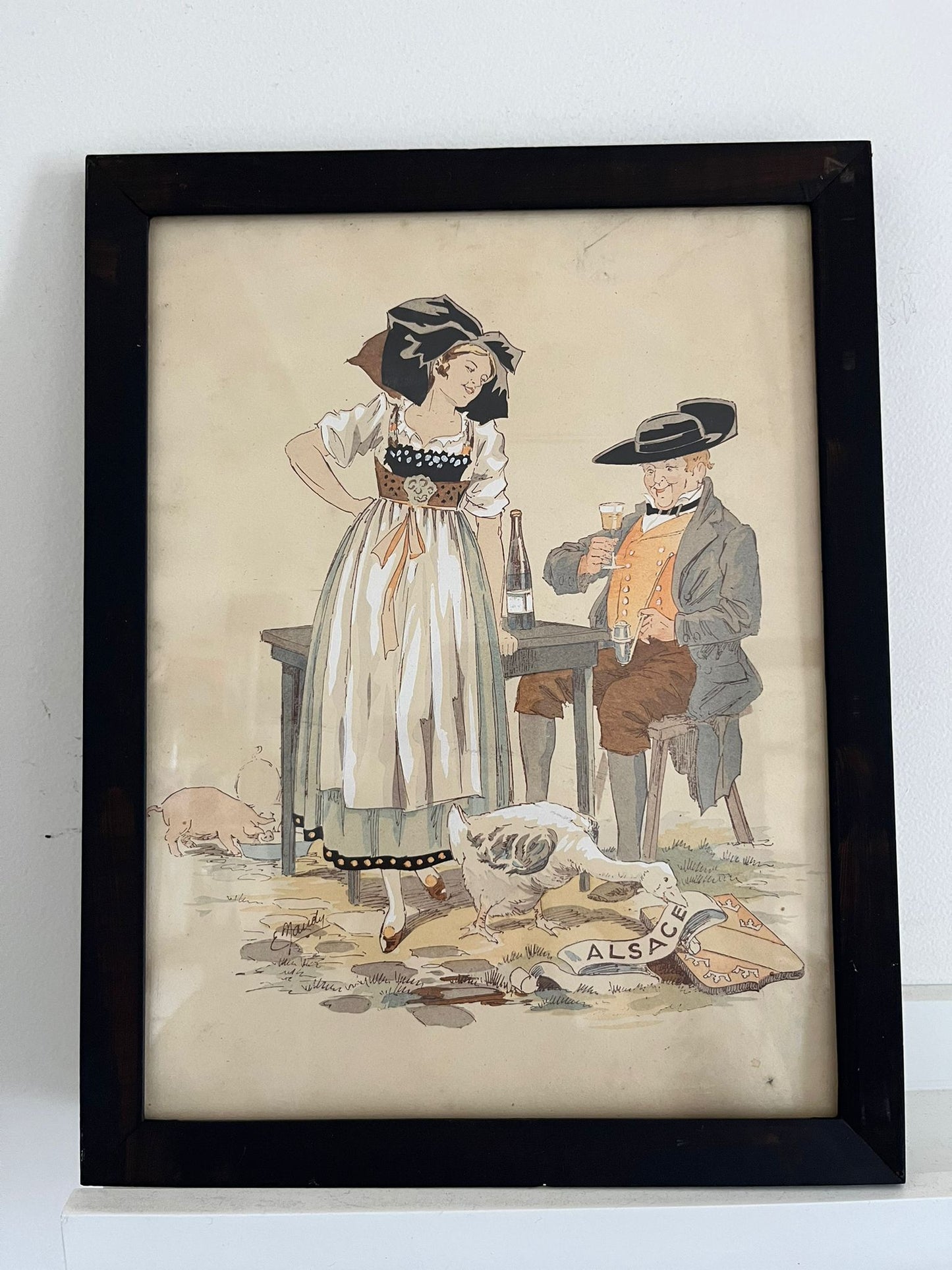 E. Maudy (1866 - 1944) Lithographie de l'Alsace représentant un couple en costumes traditionnels