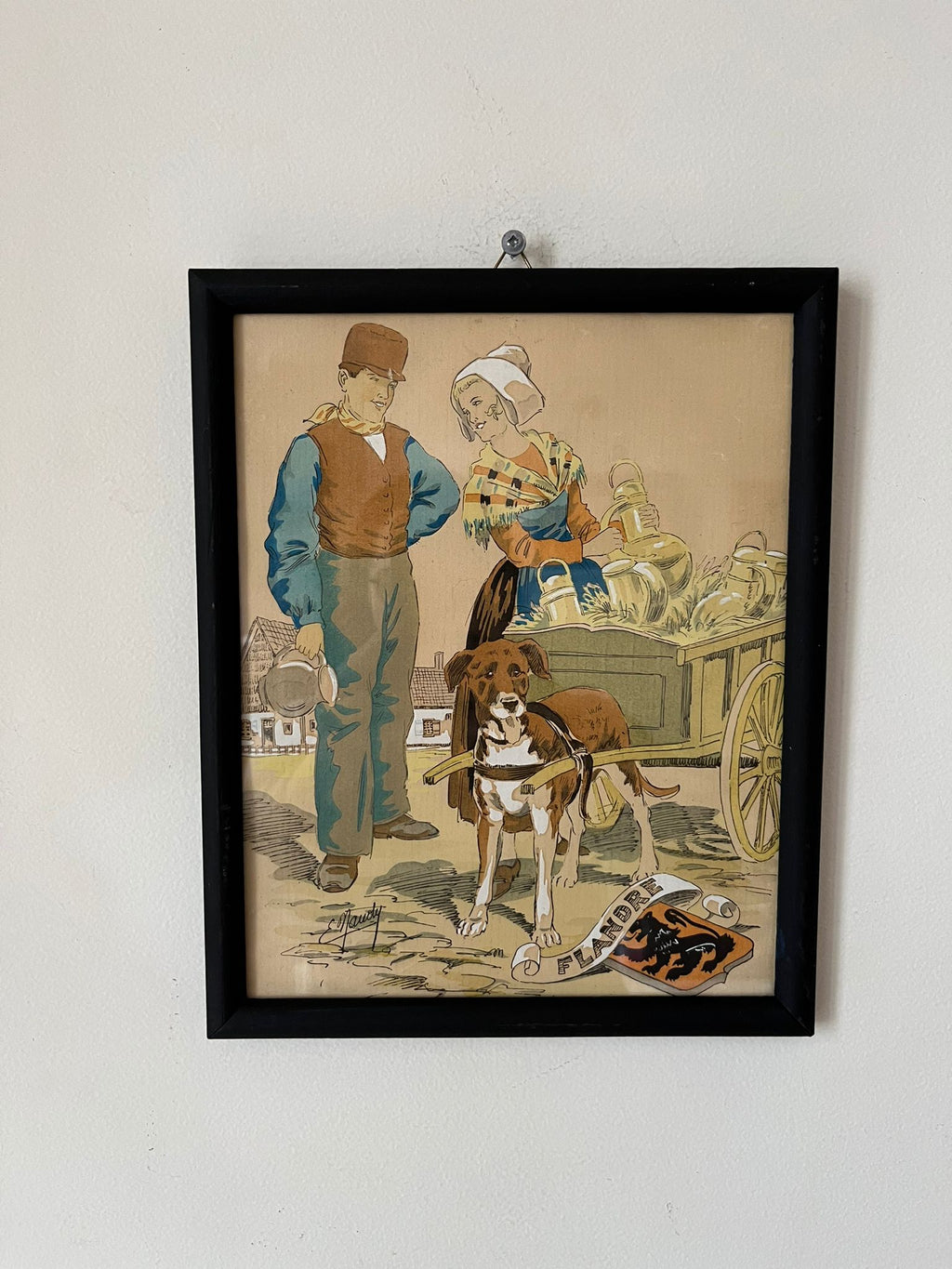E. Maudy (1866 - 1944) Lithographie de la Flandre représentant un couple de fermiers