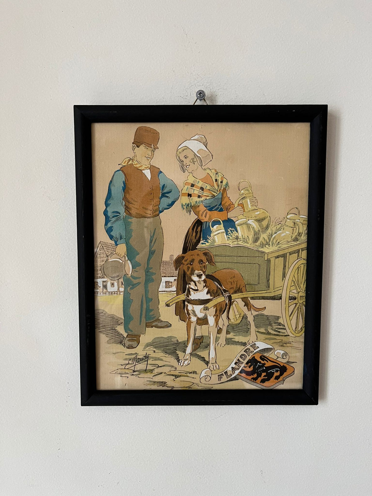 E. Maudy (1866 - 1944) Lithographie de la Flandre représentant un couple de fermiers