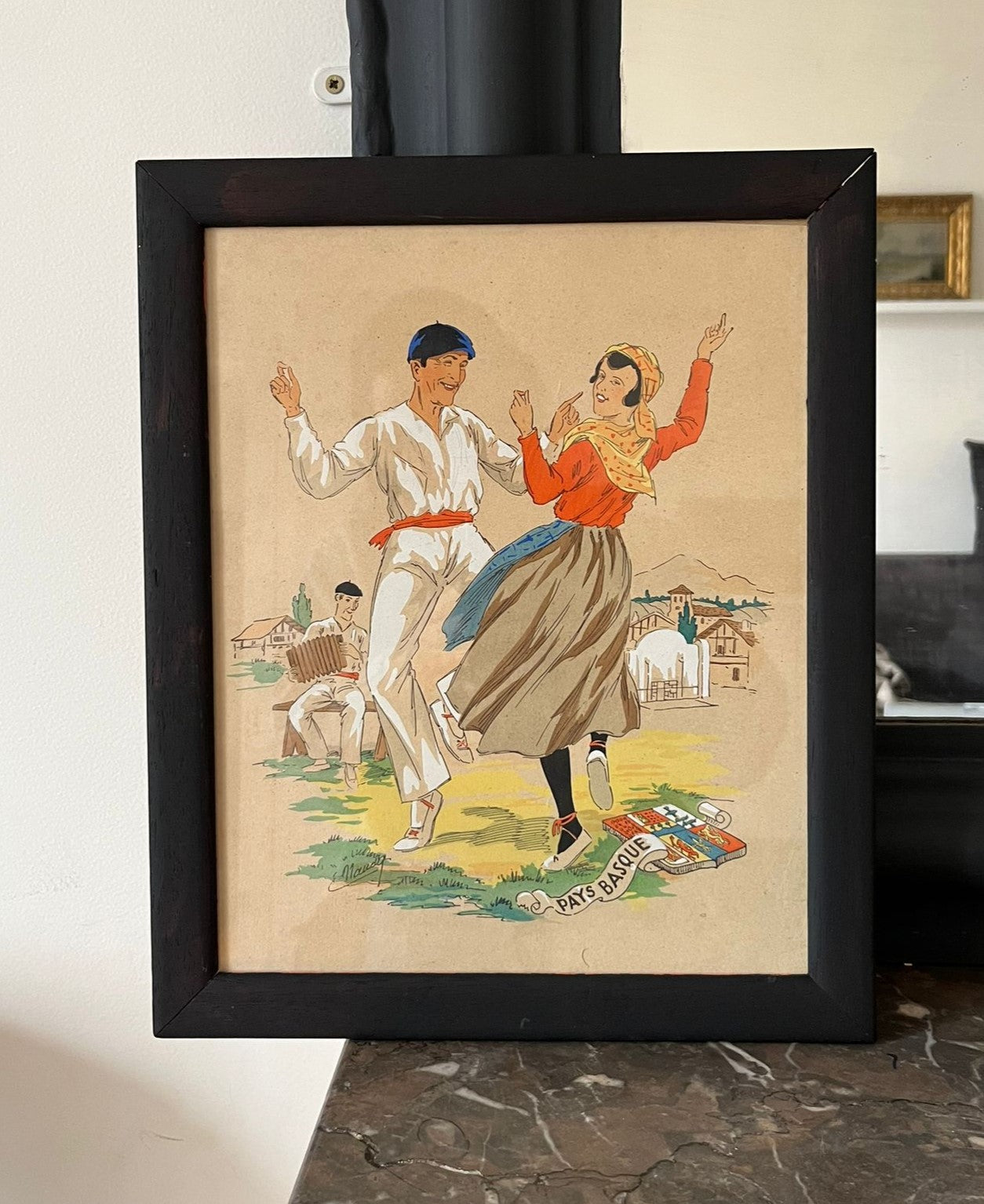 E. Maudy (1866 - 1944) Lithographie du pays basque représentant un couple en costumes traditionnels dansants