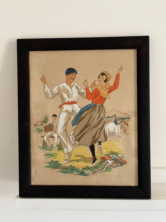 E. Maudy (1866 - 1944) Lithographie du pays basque représentant un couple en costumes traditionnels dansants